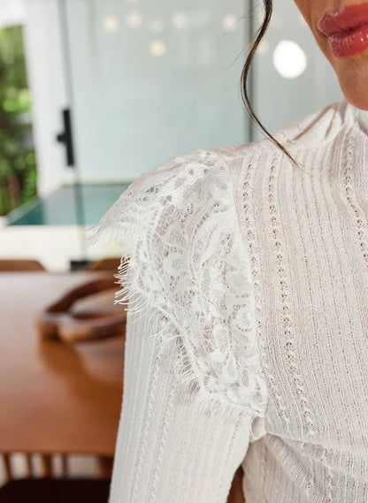 Ribbed Knit Blouse with Lace